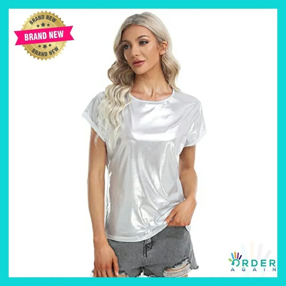 Metallic Holographic Glitter Tee Shiny Y2K Party Clubwear Short Sleeve Top
